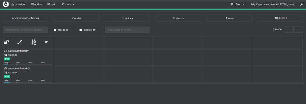 elasticsearch frontend gui cerebro home screen