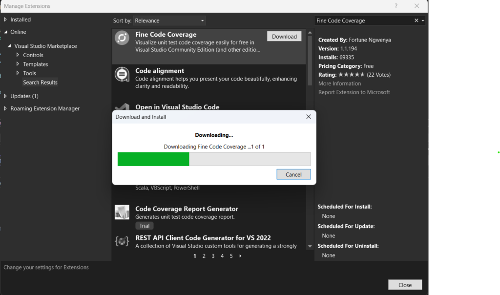 fine code coverage visual studio 2022 extension downloading