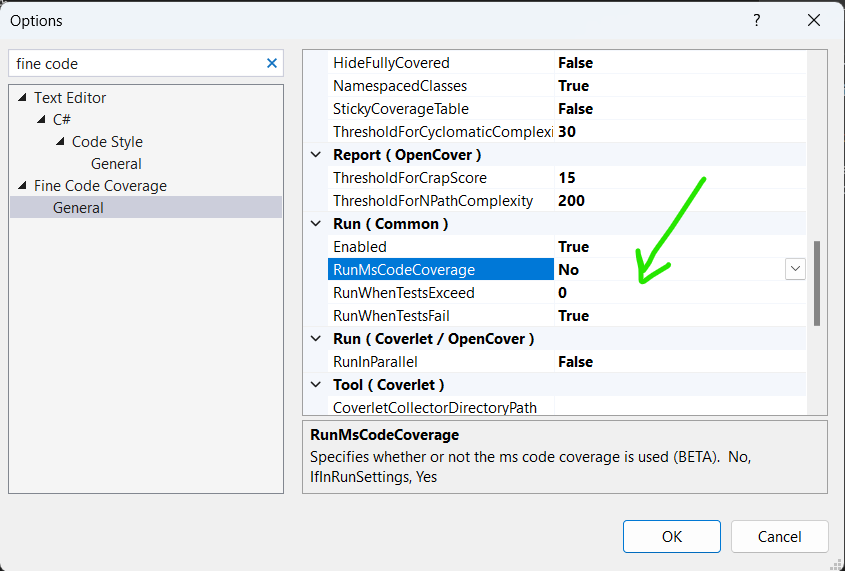 visual studio code coverage ms code coverage option